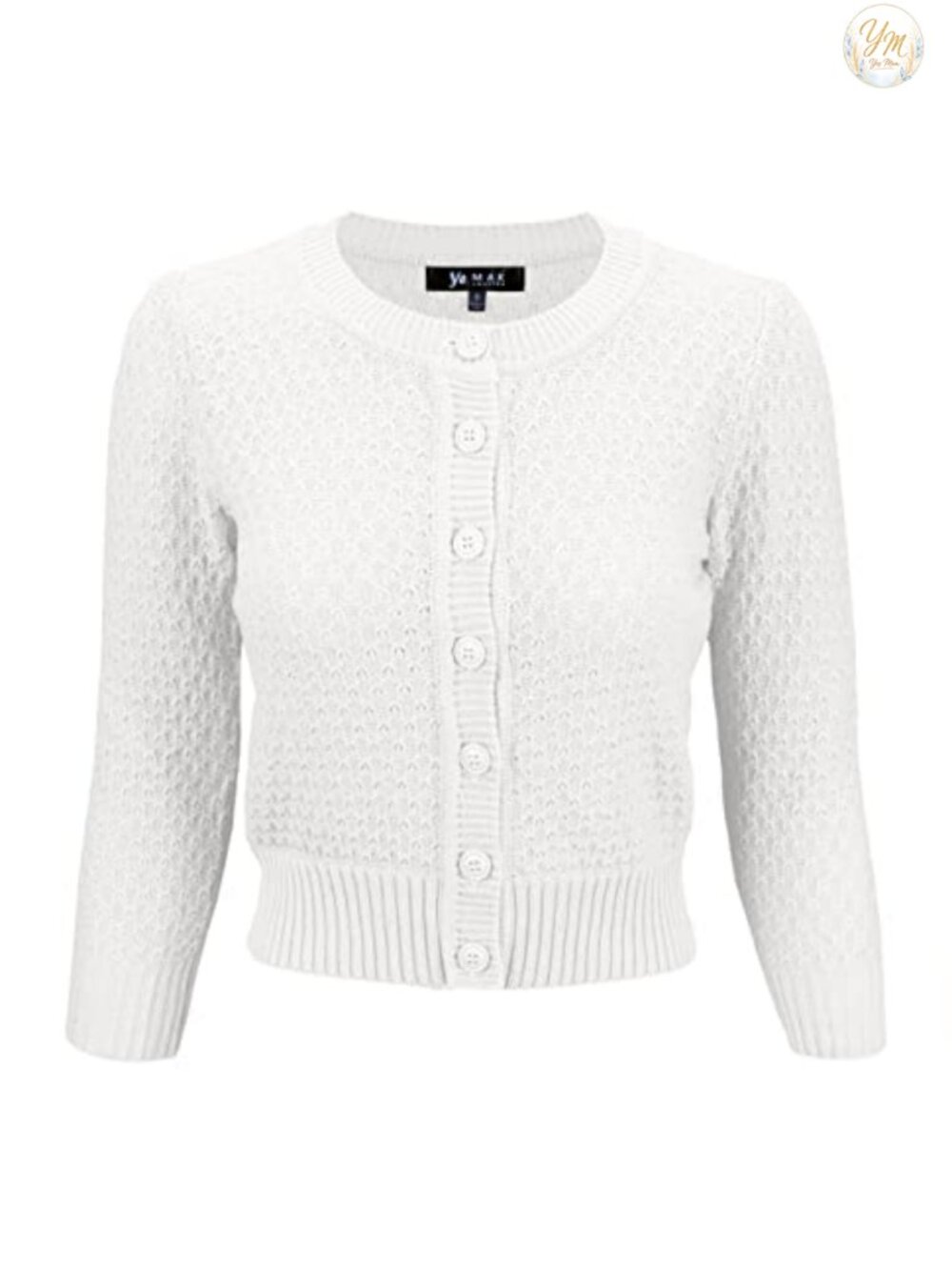 YEMAK Crochet 3/4 Sleeve Cropped Cardigan Cotton Knit Layering Piece